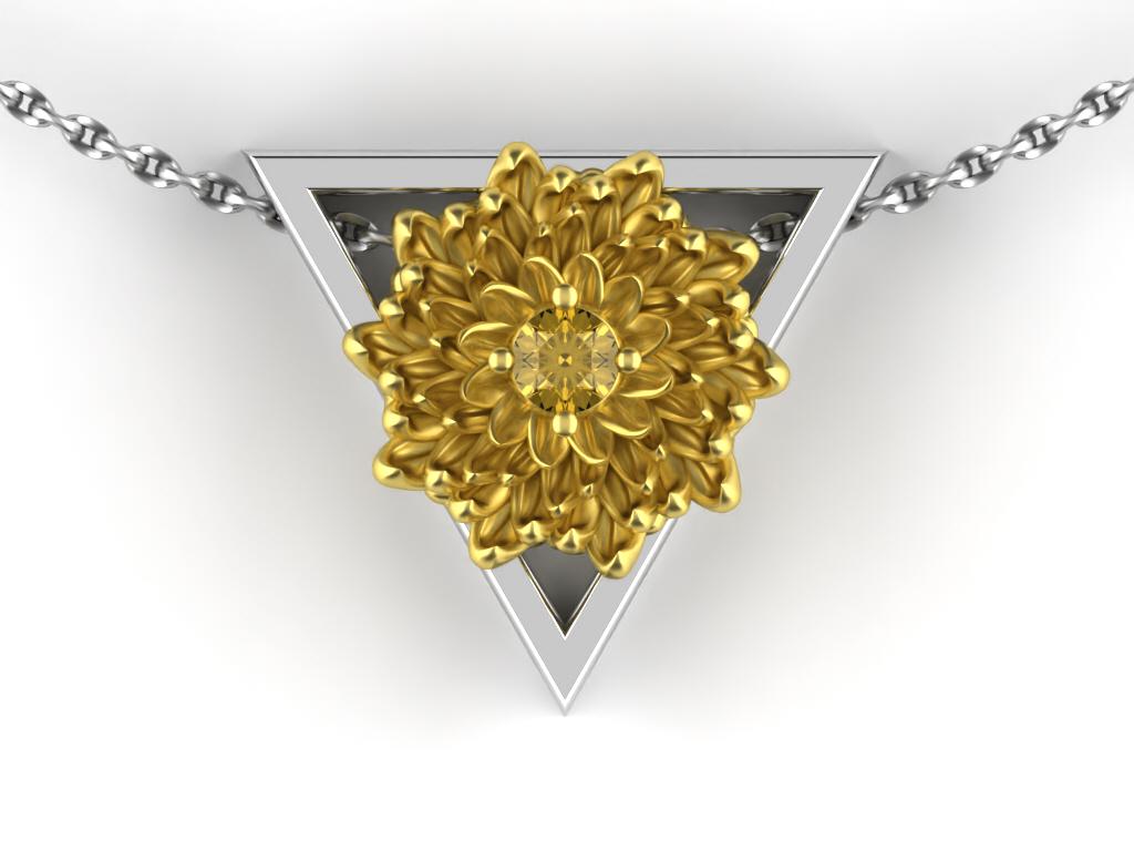 November Birthstone Necklace – Gold Chrysanthemum with Citrine – Triangle Element Pendant