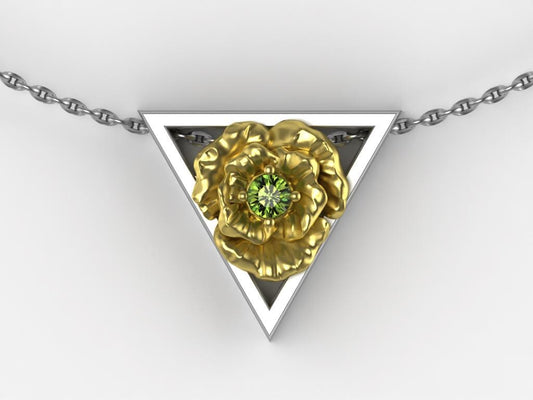 August Birthstone Necklace – Gold Poppy Flower with Peridot – Triangle Element Symbol Pendant