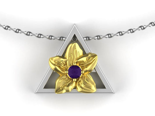 February-Triangle Symbol-Gold Violet Birth Flower Necklace-Amethyst Birth Stone Necklace