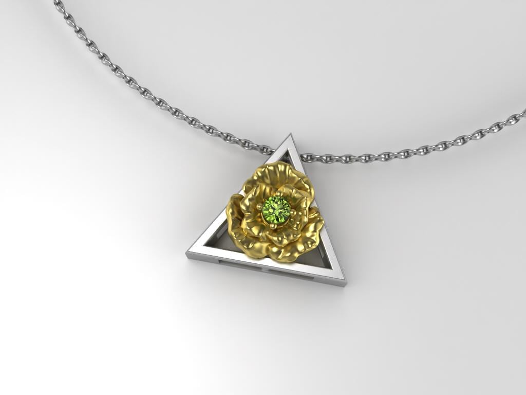 August Birthstone Necklace – Gold Poppy Flower with Peridot – Triangle Element Symbol Pendant