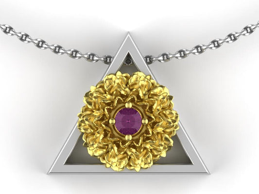 October Birthstone Necklace – Gold Marigold with Pink Tourmaline – Triangle Element Pendant