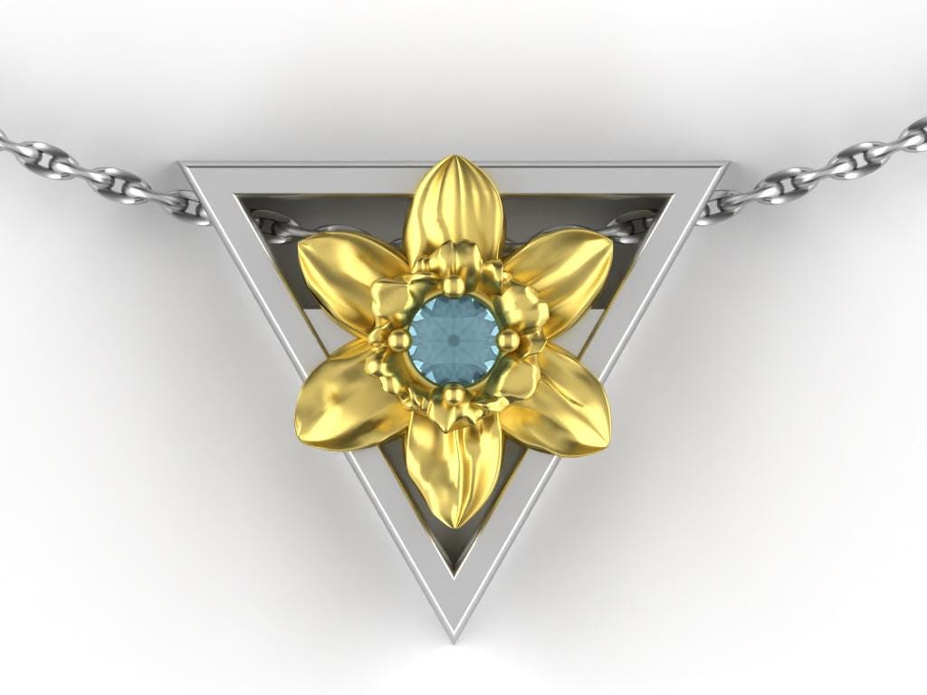 March-Triangle Symbol-Gold Daffodil Birth Flower- Aquamarine Birth Stone Necklace