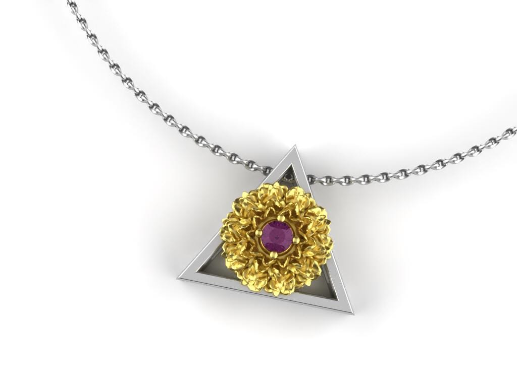 October Birthstone Necklace – Gold Marigold with Pink Tourmaline – Triangle Element Pendant