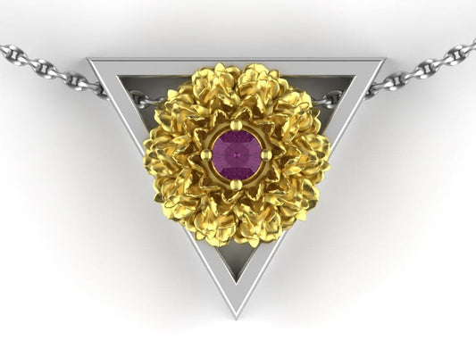 October Birthstone Necklace – Gold Marigold with Pink Tourmaline – Triangle Element Pendant