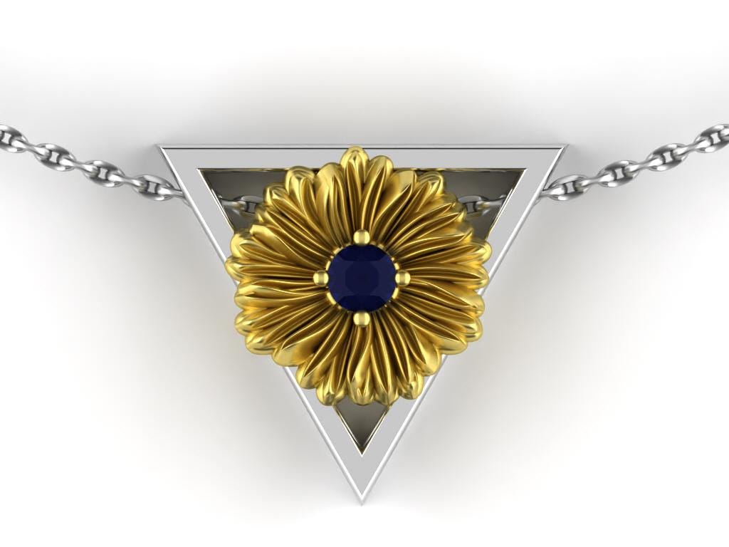 September Birthstone Necklace – Gold Aster Flower with Sapphire – Triangle Symbol Pendant