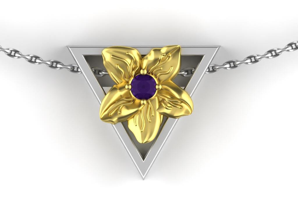 February-Triangle Symbol-Gold Violet Birth Flower Necklace-Amethyst Birth Stone Necklace