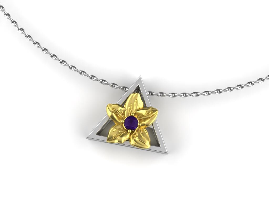 February-Triangle Symbol-Gold Violet Birth Flower Necklace-Amethyst Birth Stone Necklace