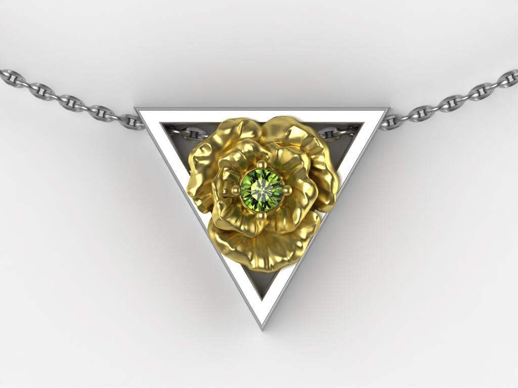 August Birthstone Necklace – Gold Poppy Flower with Peridot – Triangle Element Symbol Pendant