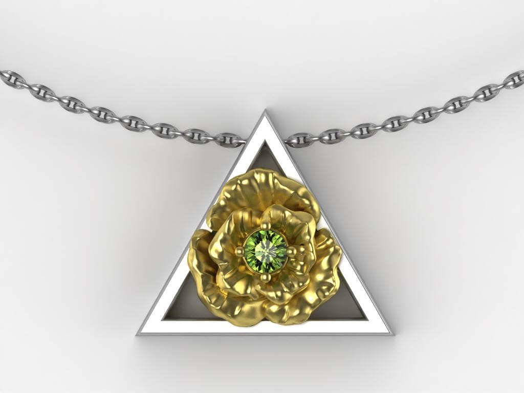 August Birthstone Necklace – Gold Poppy Flower with Peridot – Triangle Element Symbol Pendant