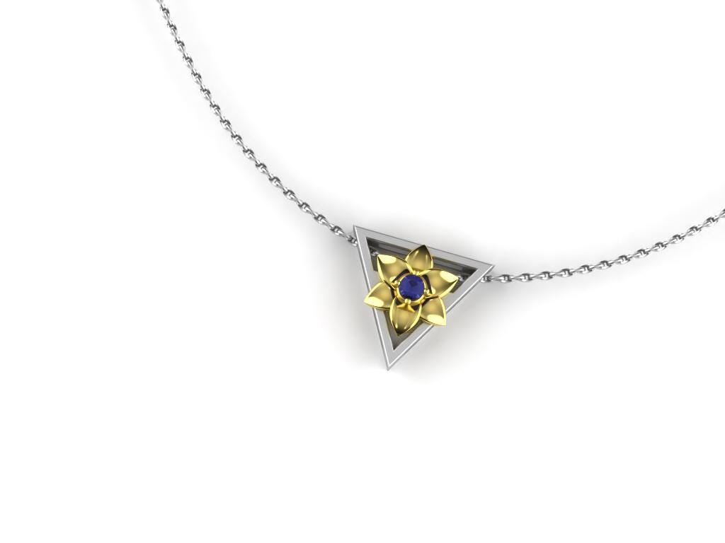 December Birthstone Necklace – Gold Narcissus Flower with Tanzanite – Triangle Pendant