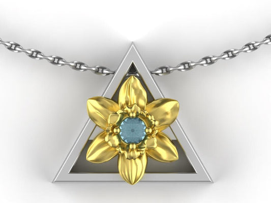 March-Triangle Symbol-Gold Daffodil Birth Flower- Aquamarine Birth Stone Necklace