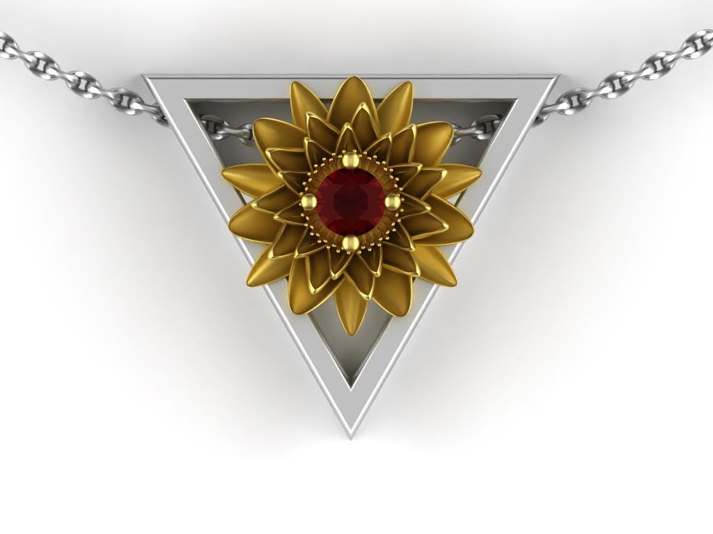 July - Gold Water Lily Birth Flower - Ruby Birthstone Necklace