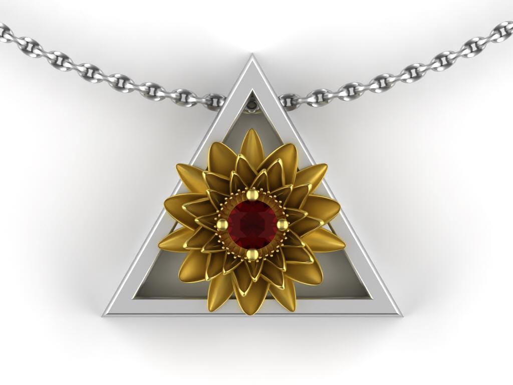 July - Gold Water Lily Birth Flower - Ruby Birthstone Necklace