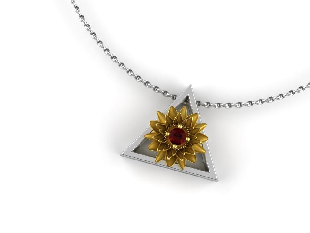 July - Gold Water Lily Birth Flower - Ruby Birthstone Necklace