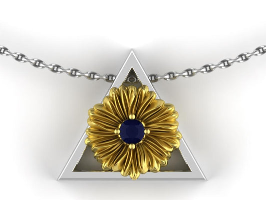 September Birthstone Necklace – Gold Aster Flower with Sapphire – Triangle Symbol Pendant