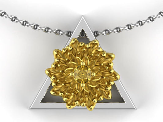 November Birthstone Necklace – Gold Chrysanthemum with Citrine – Triangle Element Pendant